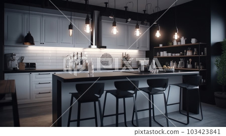 Modern kitchen in a minimalist scandi loft style, a combination of white and black, a long bar counter with black bar stools, LED lighting, open shelves. Modern kitchen in a minimalist scandi loft style, a combination of white and black, a long bar counter with black bar stools, LED lighting, open shelves. 103423841