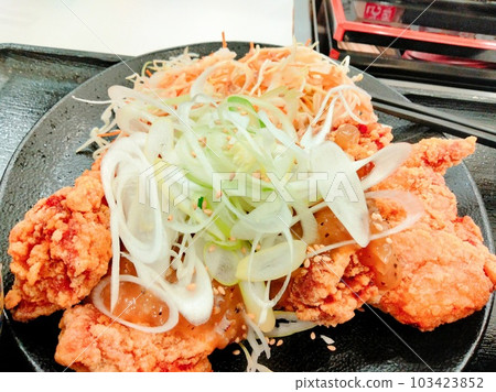 A plate of fried chicken topped with green onions 103423852