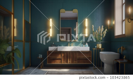 Modern luxury bathroom in Art Deco style, emerald green walls, gold-framed mirrors, gold-plated accessories and faucets. Modern luxury bathroom in Art Deco style, emerald green walls, gold-framed mirrors, gold-plated accessories and faucets. 103423865