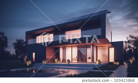 A modern wooden two-story cottage in a high-tech minimalist style with solar panels on the roof. Panoramic windows, spacious terrace, neat lawn, swimming pool in front of the house. Twilight 103423868