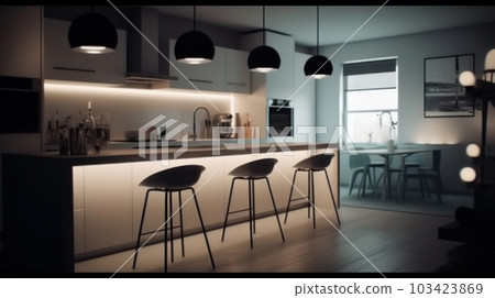 Modern kitchen in a minimalistic high-tech style, white smooth finish, long bar with black bar stools, LED lighting, dining area. 103423869