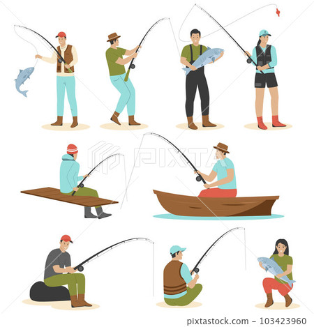 Vector set of fishermen catching fish. Illustration for websites, landing pages, mobile apps, posters and banners. Trendy flat vector illustration Vector set of fishermen catching fish. Illustration for websites, landing pages, mobile apps, posters and banners. Trendy flat vector illustration 103423960