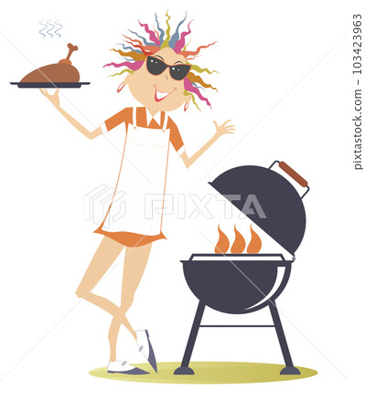 Smiling woman preparing meat on fire. Cheerfulness young woman frying meat duck or chicken on the grill Smiling woman preparing meat on fire. Cheerfulness young woman frying meat duck or chicken on the grill 103423963