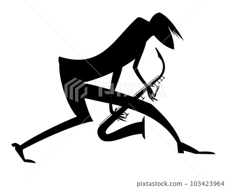 Musician playing saxophone. Original silhouette. Musician playing saxophone with inspiration. Black and white Musician playing saxophone. Original silhouette. Musician playing saxophone with inspiration. Black and white 103423964