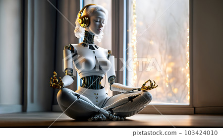 Woman humanoid robot meditating in lotus pose. Mindfulness meditation and Artificial intelligence concept. Generative Ai. Woman humanoid robot meditating in lotus pose. Mindfulness meditation and Artificial intelligence concept. Generative Ai. 103424010