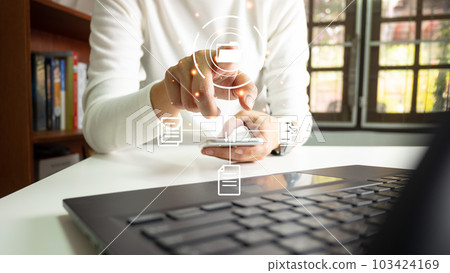 Officer using laptop manage files, Document Management System DMS, Online document database management, automated processes to manage system, ERP enterprise efficient, business technology. Officer using laptop manage files, Document Management System DMS, Online document database management, automated processes to manage system, ERP enterprise efficient, business technology. 103424169