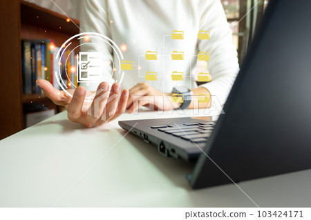 Officer using laptop manage files, Document Management System DMS, Online document database management, automated processes to manage system, ERP enterprise efficient, business technology. 103424171