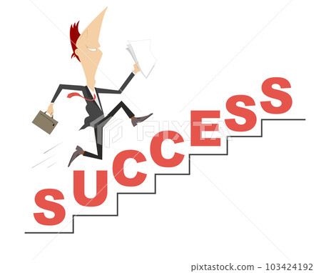 Success in business concept.  Businessman with papers running up to success. Word success 103424192