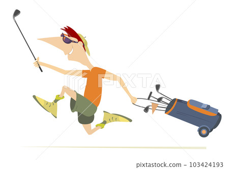 Young man running to play golf.  Cartoon running man in sunglasses holding a golf club and golf bag 103424193