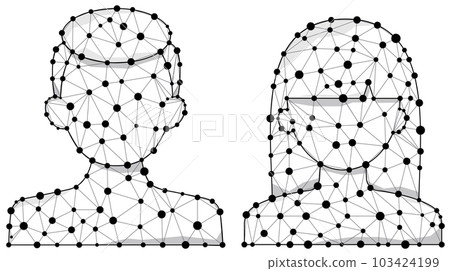 Wireframe polygon human faces - digital man and woman head with line and dots vector icon. 103424199