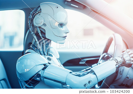 Humanoid robot sitting in a car behind the steering wheel, generative ai 103424200
