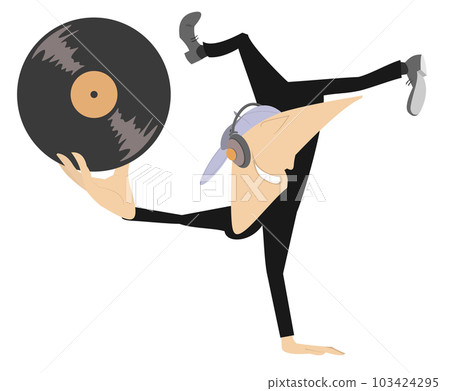 Cartoon young person holding vinyl record. Funny young man in headphones balances on one hand and holding a long playing record Cartoon young person holding vinyl record. Funny young man in headphones balances on one hand and holding a long playing record 103424295