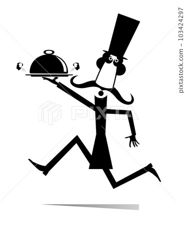 Man carries a cloche serving plate. Running long mustache man in the top hat carries a cloche serving plate. Black and white Man carries a cloche serving plate. Running long mustache man in the top hat carries a cloche serving plate. Black and white 103424297