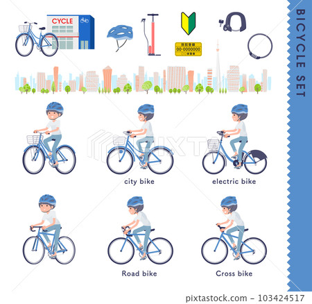 Set of T-shirt mash hair women riding various bicycles Set of T-shirt mash hair women riding various bicycles 103424517