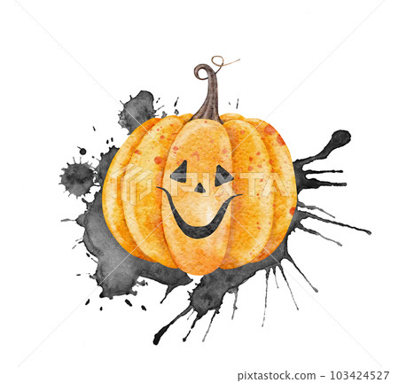 Scary Jack o Lantern on black splashes. Halloween holiday pumpkins. Watercolor hand drawn illustration. Symbol of horror for stickers, holidays design, posters, invitations. Scary Jack o Lantern on black splashes. Halloween holiday pumpkins. Watercolor hand drawn illustration. Symbol of horror for stickers, holidays design, posters, invitations. 103424527