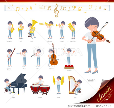 一套 T 卹混搭頭髮女人古典音樂表演 103424528