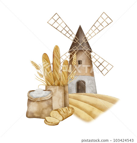 Windmill tower on wheat field with flour sack, Crispy French baguettes in craft bag with bunch of spikelets of wheat, rye, grains and sliced fresh bread. Hand drawn watercolor illustration for card 103424543