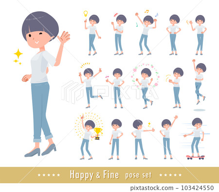 一組 T 卹混搭頭髮女性做充滿活力的姿勢 103424550
