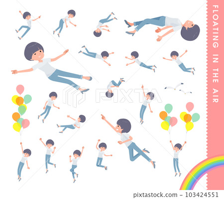 漂浮在空中的 t 卹混搭頭髮女人套裝 103424551