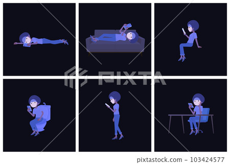 A set of T-shirt mash hair women who use smartphones in the dark A set of T-shirt mash hair women who use smartphones in the dark 103424577