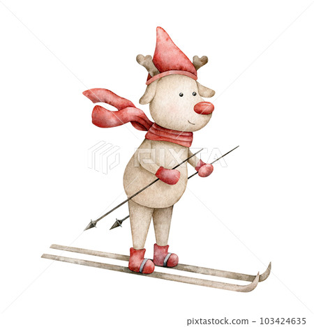 Deer in a red hat, scarf, mittens skiing. Funny Animal. New Year and Christmas Scandinavian character. Hand drawn watercolor illustration for souvenirs, greeting card, sticker, poster. Adorable Winter Deer in a red hat, scarf, mittens skiing. Funny Animal. New Year and Christmas Scandinavian character. Hand drawn watercolor illustration for souvenirs, greeting card, sticker, poster. Adorable Winter 103424635