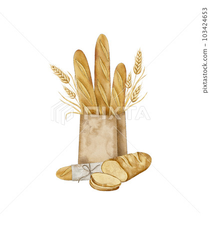 Crispy French baguettes in craft bag with bunch of spikelets of wheat, rye, grains and sliced fresh bread. Protein and whole grain nutrition. Hand drawn watercolor illustration for card, souvenir 103424653