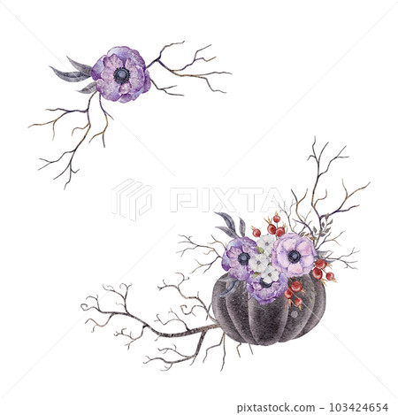 Round wreath with black pumpkin and purpule anemone , rosehip berries, dusk violet leaves and tree branches. Autumn watercolor illustration. Fall flowers. Thanksgiving cards floral bouquet. Hand drawn 103424654