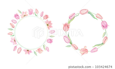 Set of two Frame with pink tulip flowers in a circle. The text is in the middle. Greeting card template with place for text. Spring wreath. Hand drawn watercolor illustration for easter design Set of two Frame with pink tulip flowers in a circle. The text is in the middle. Greeting card template with place for text. Spring wreath. Hand drawn watercolor illustration for easter design 103424674