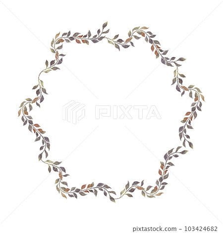 Round wreath with branches with leaves. Hand drawn watercolor illustration. Place for text is in the middle. Frame for print design, announcements, greeting cards, posters, weddings. 103424682