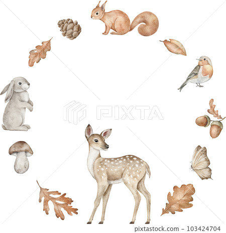 Woodland animals frame with circle place for text. Deer, bunny, Squirrel, pine cone, leaves, boletus and acorn for baby shower, newborns, invitation, greeting cards 103424704