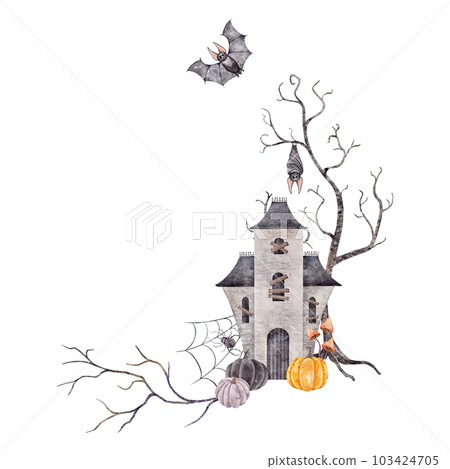 Watercolor Halloween frame, wreath with pumpkins, castle house, bat, spider web. Hand drawn illustration perfect for invitations, stationery, scrapbooking, packaging, party decorations, cards 103424705