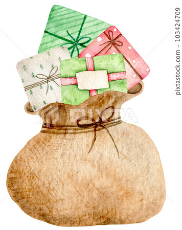 Watercolor christmas burlap sack with gift box. Hand drawn bag of gifts 103424709