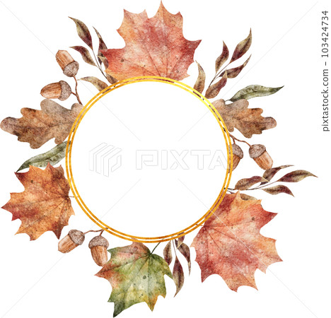 Watercolor fall leaves gold frame. Hand drawn maple and oak leaves illustration 103424734