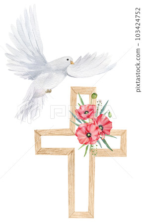 Watercolor illustration for Remembrance Day, Anzac Day. Hand drawn white dove with red poppy flower and wooden cross. 103424752
