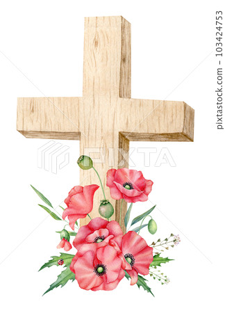 Watercolor illustration for Remembrance Day, Anzac Day. Hand drawn red poppy flowers and wooden cross. Lest we forget 103424753