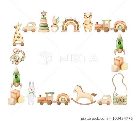 Rectangular frame of childrens wooden toys, newborn teething toys, rocking horse, rocket, rainbow. Watercolor Eco baby toys. Nursery decor. Hand drawn illustration for card, invitation, baby shower Rectangular frame of childrens wooden toys, newborn teething toys, rocking horse, rocket, rainbow. Watercolor Eco baby toys. Nursery decor. Hand drawn illustration for card, invitation, baby shower 103424776