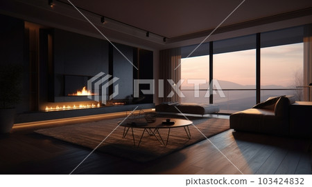 Modern minimalist luxury living room. Leather sofa and couch, carpet, coffee table, bio-fireplace and a huge flat-screen TV, floor-to-ceiling windows overlooking mountains and the sunset sky. 103424832