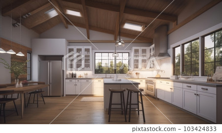 Modern spacious country style kitchen with dining area. White cabinets, kitchen island with worktop and bar stools. 103424833
