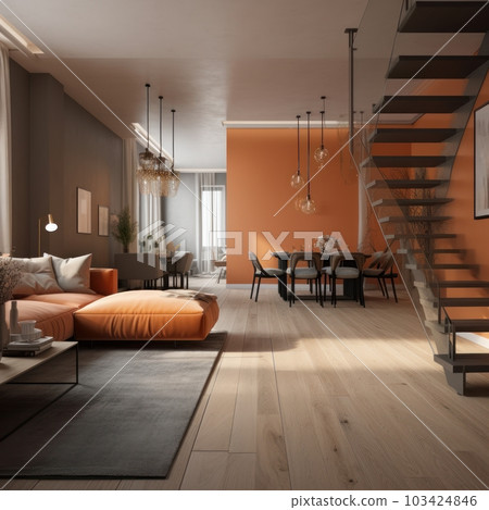 Modern living dining area. The combination of orange and gray in the interior, comfortable sofa, coffee table, vintage carpet, posters on the walls. Wooden staircase to the second floor. Modern living dining area. The combination of orange and gray in the interior, comfortable sofa, coffee table, vintage carpet, posters on the walls. Wooden staircase to the second floor. 103424846