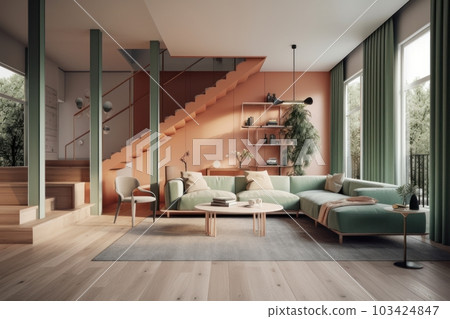 Modern luxurious living room, trendy combination of pistachio and terracotta colors. Comfortable corner sofa, coffee table, vintage carpet, stairs to the second floor. Modern luxurious living room, trendy combination of pistachio and terracotta colors. Comfortable corner sofa, coffee table, vintage carpet, stairs to the second floor. 103424847