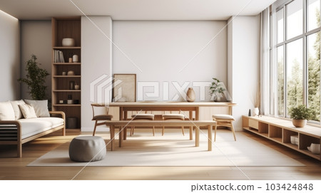 Spacious modern Scandinavian living room with dining area. Wooden furniture and flooring, light textiles, beige carpet, large panoramic windows. Light natural colors. Spacious modern Scandinavian living room with dining area. Wooden furniture and flooring, light textiles, beige carpet, large panoramic windows. Light natural colors. 103424848
