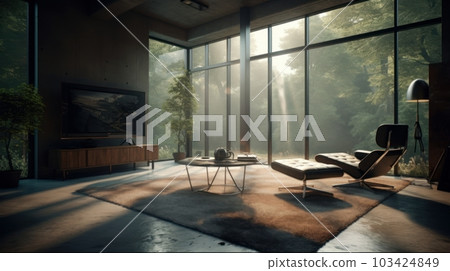 Modern luxury minimalist loft style living room. Comfortable leather armchair, coffee table, vintage carpet, large flat screen TV. Panoramic windows with magnificent views of the garden. Modern luxury minimalist loft style living room. Comfortable leather armchair, coffee table, vintage carpet, large flat screen TV. Panoramic windows with magnificent views of the garden. 103424849