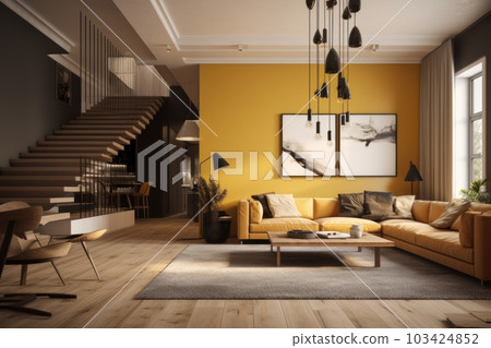 Modern living room with dining area. Walls and soft sofa in yellow tones, wooden floor, coffee table, vintage carpet, posters on the walls. Wooden staircase to the second floor. 103424852