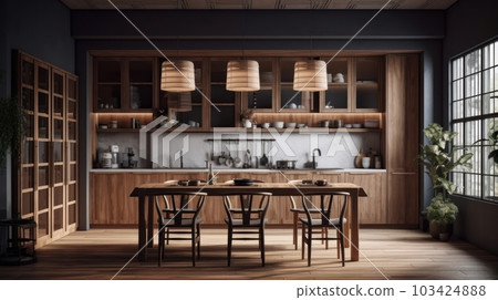 Modern trendy all wood kitchen and dining area japandi style. Natural wood floor, wooden facades, dining table and chairs, wicker lampshades. Large panoramic windows with garden view. Modern trendy all wood kitchen and dining area japandi style. Natural wood floor, wooden facades, dining table and chairs, wicker lampshades. Large panoramic windows with garden view. 103424888