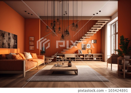 Modern living room in orange tones. Orange walls and sofa, coffee table, vintage carpet, posters on the walls. Wooden staircase to the second floor. 103424891