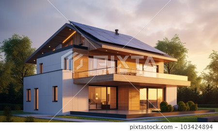 Modern two-storey cottage in a minimalist style with solar panels on the roof. Combination of wood, concrete and glass. Panoramic windows, spacious terrace, neat lawn. Amazing sunset. Modern two-storey cottage in a minimalist style with solar panels on the roof. Combination of wood, concrete and glass. Panoramic windows, spacious terrace, neat lawn. Amazing sunset. 103424894