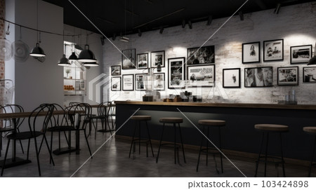Modern fashionable cafe interior in loft style. Long wooden counter, bar stools, tables and chairs. The wall behind the bar is decorated with lots of posters and black and white photographs. 103424898