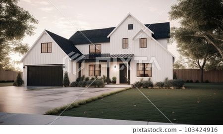 Large modern two-storey country house in European Scandinavian style with white siding walls and black roof. Neatly trimmed lawn, decorative bushes, bright morning light. 103424916