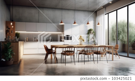 Modern spacious loft kitchen with dining area. Minimalistic interior, concrete walls and glossy floors, white and wooden facades, wooden dining table with chairs, floor-to-ceiling panoramic windows. Modern spacious loft kitchen with dining area. Minimalistic interior, concrete walls and glossy floors, white and wooden facades, wooden dining table with chairs, floor-to-ceiling panoramic windows. 103425021