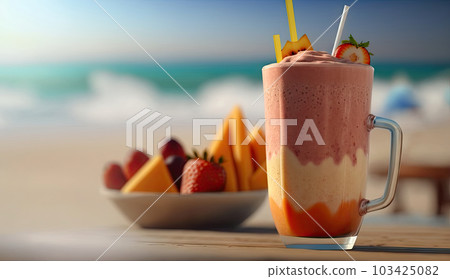 Close up of smoothie frappe fruits juice with other fruits, strawberries, orange, pineapple, sorbet, and peach on wooden table at summer beach an sea vacation background, with Generative AI. 103425082